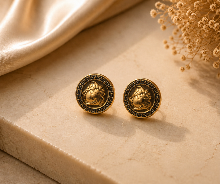 Golden Medallion Greek-Key Earrings